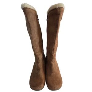 Boots Knee High Brown Faux Suede Faux Fur Trim‎ Gold Buckle Accent Size 8
